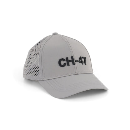 The Boeing CH-47 Chinook Series Hat by BOEING is a light gray cap with black front lettering and perforated, textured side panels for added style and comfort.