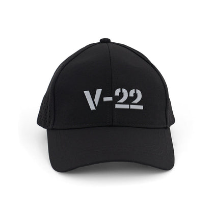The BOEING V-22 Osprey Series Hat is a black cap with a bold, light gray 3D V-22 logo on the front. It features a curved brim, mesh sides, and an adjustable velcro closure for comfort.
