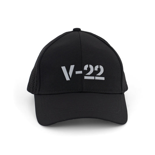 The BOEING V-22 Osprey Series Hat is a black cap with a bold, light gray 3D V-22 logo on the front. It features a curved brim, mesh sides, and an adjustable velcro closure for comfort.