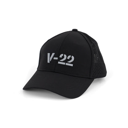 The BOEING V-22 Osprey Series Hat is a black baseball cap with a bold white 3D V-22 logo on the front, curved brim, perforated side panels, and an adjustable velcro closure for comfort.
