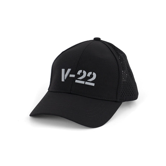 The BOEING V-22 Osprey Series Hat is a black baseball cap with a bold white 3D V-22 logo on the front, curved brim, perforated side panels, and an adjustable velcro closure for comfort.