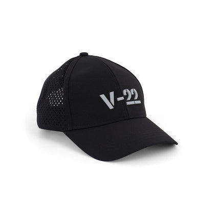 The BOEING V-22 Osprey Series Hat is a black baseball cap with a bold 3D V-22 logo, perforated side panels for ventilation, and an adjustable velcro closure for the perfect fit.