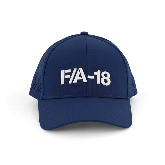 The Boeing F/A-18 Super Hornet Series Hat by BOEING features a bold 3D F/A-18 logo on the navy blue front panel, side ventilation holes, and an adjustable Velcro closure for a secure fit.