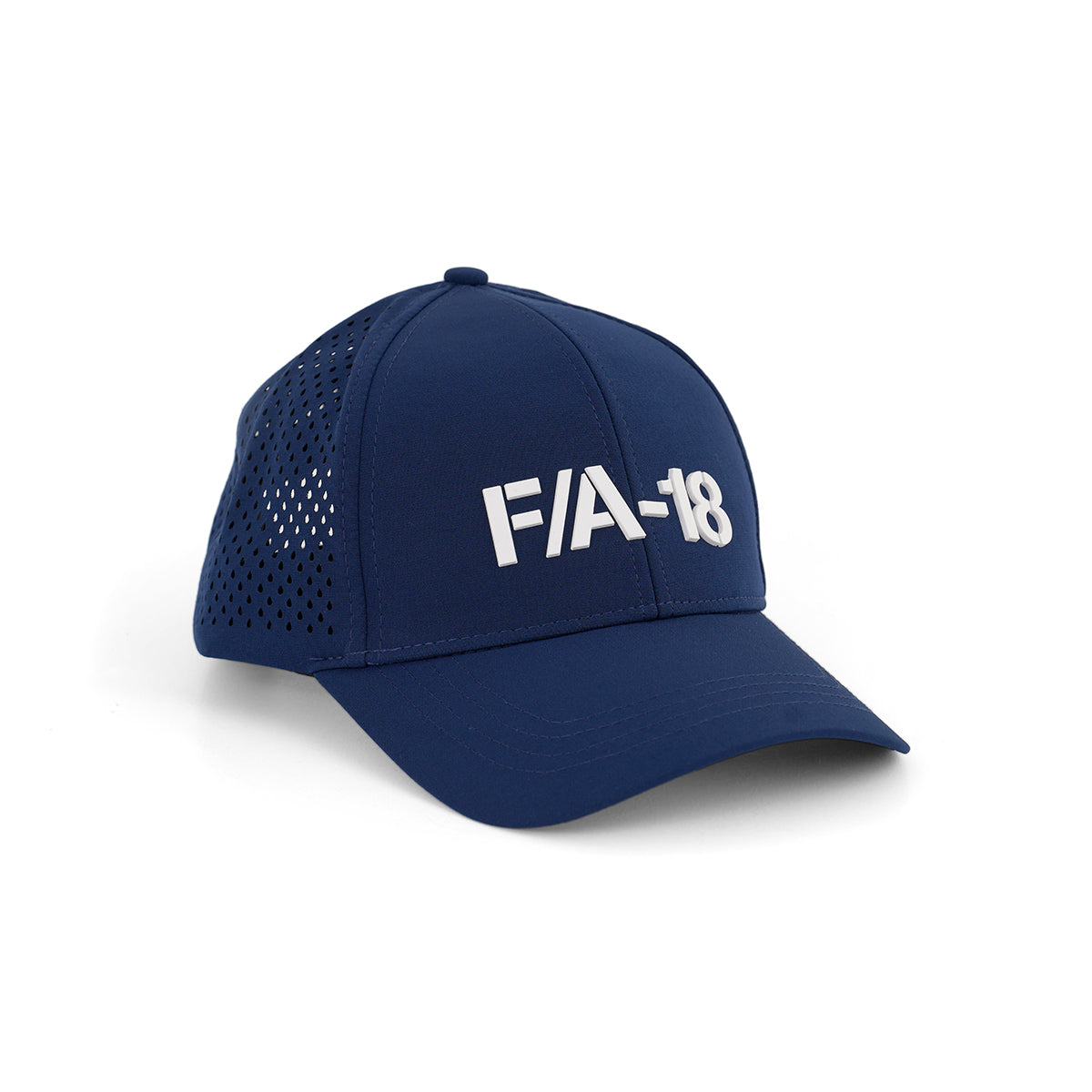 The BOEING F/A-18 Super Hornet Series Hat is navy blue with “FA-18” in white on the front, side ventilation holes, and an adjustable velcro closure for comfort.