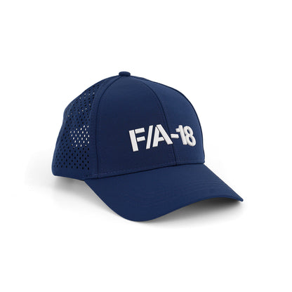 The BOEING F/A-18 Super Hornet Series Hat is navy blue with “FA-18” in white on the front, side ventilation holes, and an adjustable velcro closure for comfort.