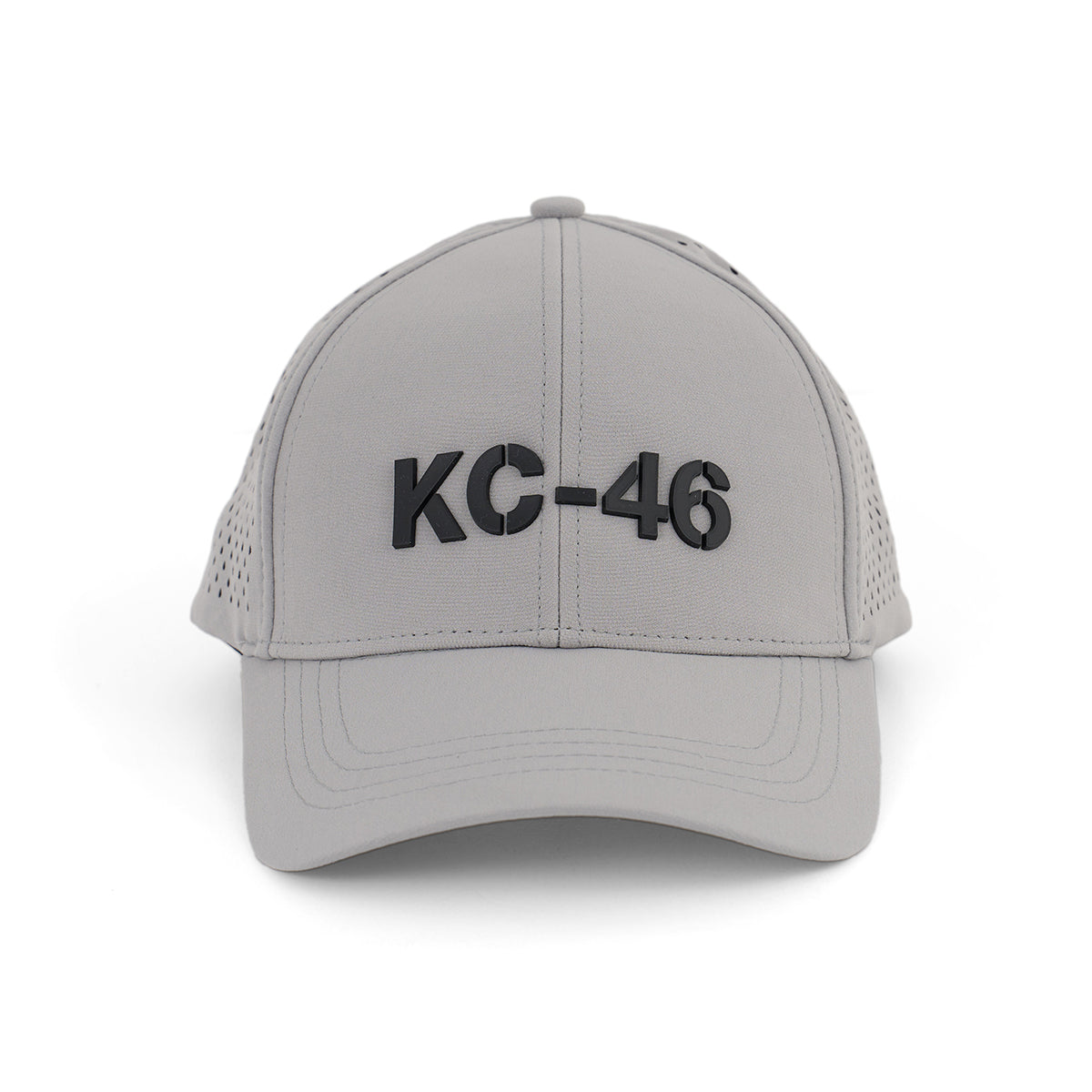 The BOEING KC-46A Pegasus Series Hat is a light gray baseball cap with a bold 3D KC-46 logo on the front and an adjustable velcro closure for comfort, shown facing forward against a white background.