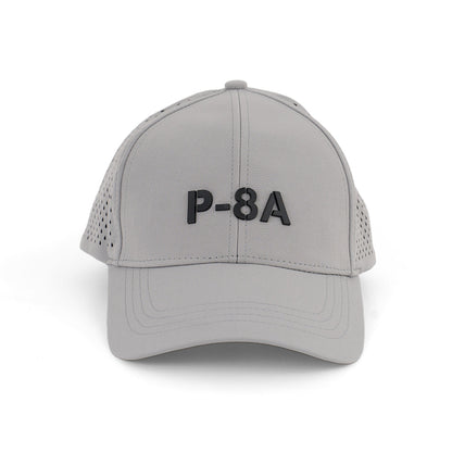 The BOEING P-8A Poseidon Series Hat is a light gray cap featuring a 3D P-8A logo on the front, perforated side panels for breathability, and visible stitching along the brim and crown.