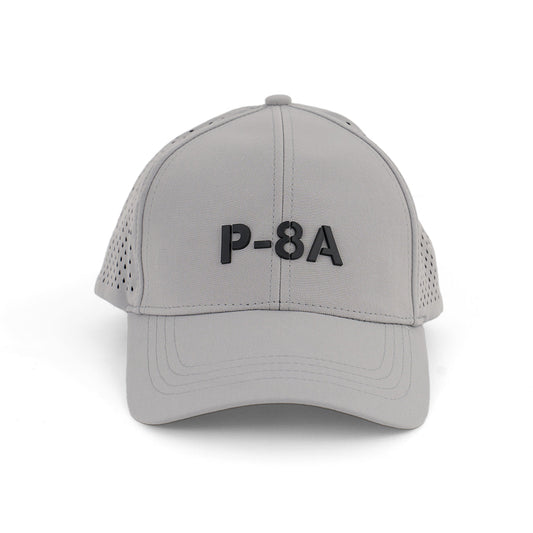 The BOEING P-8A Poseidon Series Hat is a light gray cap featuring a 3D P-8A logo on the front, perforated side panels for breathability, and visible stitching along the brim and crown.