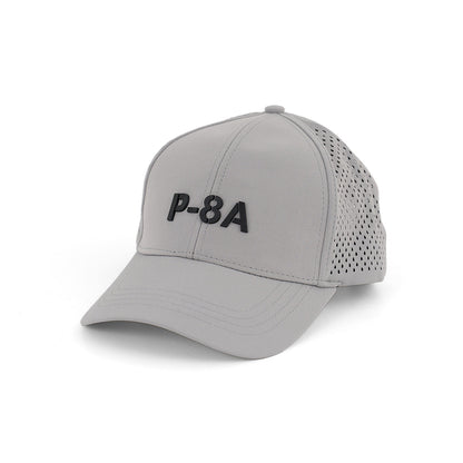 The Boeing P-8A Poseidon Series Hat by BOEING features a light gray design with a 3D raised black P-8A logo on the front and small perforations on the side panels for added breathability.