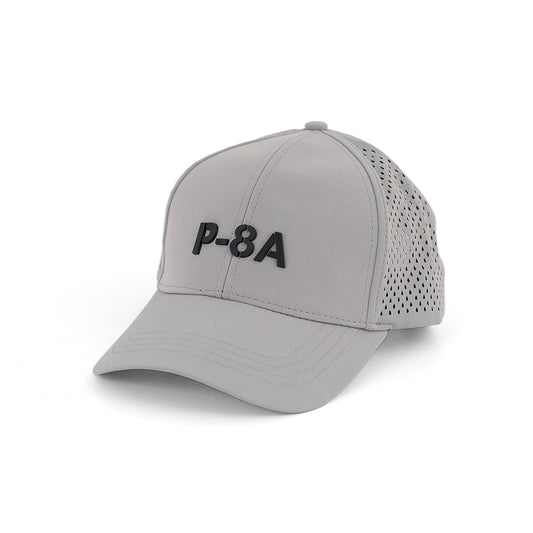 The Boeing P-8A Poseidon Series Hat by BOEING features a light gray design with a 3D raised black P-8A logo on the front and small perforations on the side panels for added breathability.