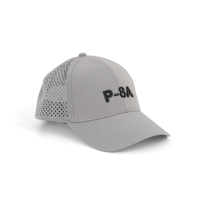 The BOEING P-8A Poseidon Series Hat is light gray with a 3D black P-8A logo on the front and features side ventilation holes for breathability.