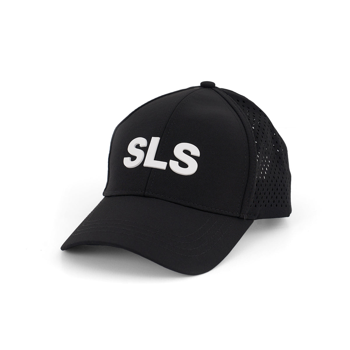 The Boeing Space Launch System Series Hat by BOEING is a black baseball cap with a 3D white SLS logo, mesh back panel, and adjustable velcro closure for comfort, shown on a white background.