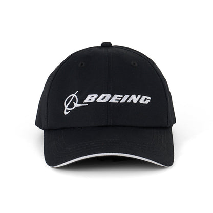 The BOEING Signature Logo Black Hat features white embroidered branding on black cotton twill, reflecting classic aerospace style.
