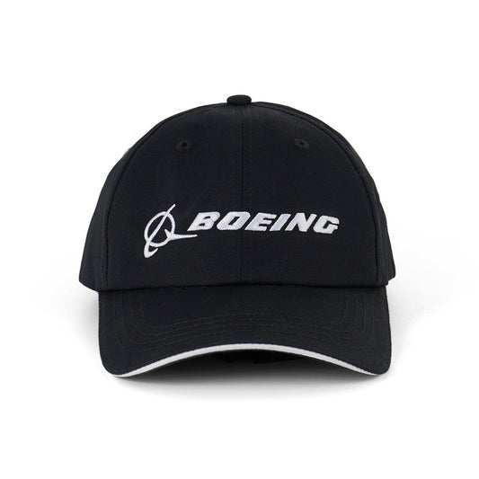 The BOEING Signature Logo Black Hat features white embroidered branding on black cotton twill, reflecting classic aerospace style.