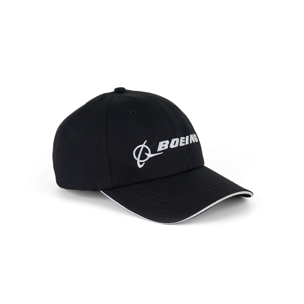 The Boeing Signature Logo Black Hat by BOEING is a black cotton twill cap with a white logo on the front, a curved brim, and a thin white accent along the edge for a sleek aerospace-inspired look.