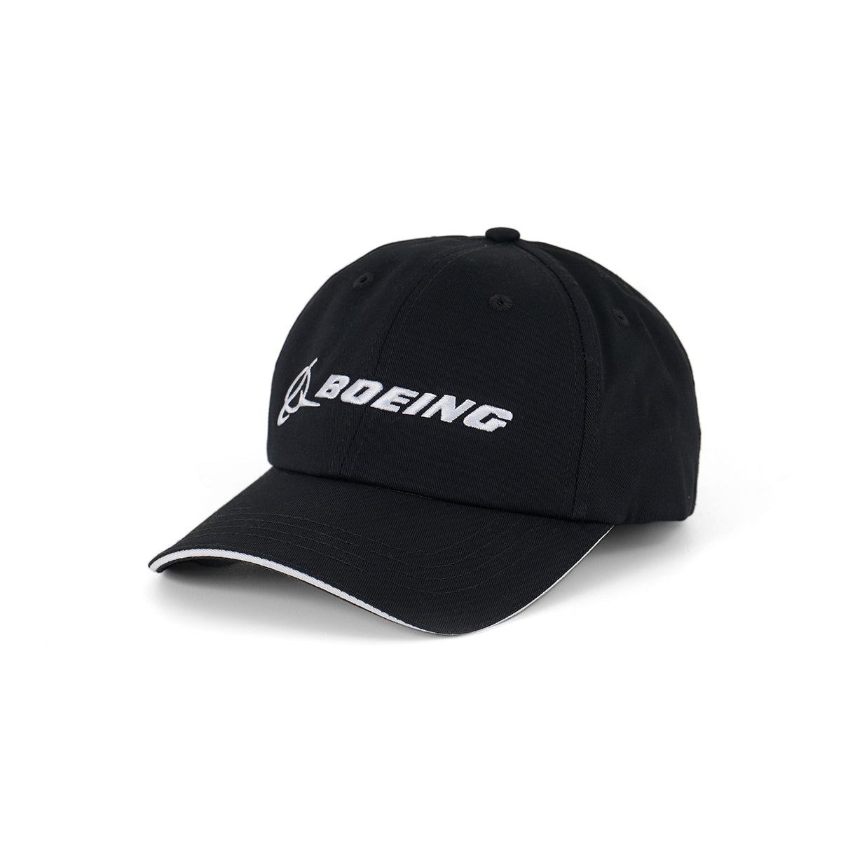 The Boeing Signature Logo Black Hat by BOEING features white embroidered logo and text on black cotton twill, a curved brim with a white edge detail, and reflects the spirit of aerospace innovation.