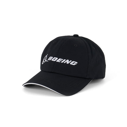 The Boeing Signature Logo Black Hat by BOEING features white embroidered logo and text on black cotton twill, a curved brim with a white edge detail, and reflects the spirit of aerospace innovation.