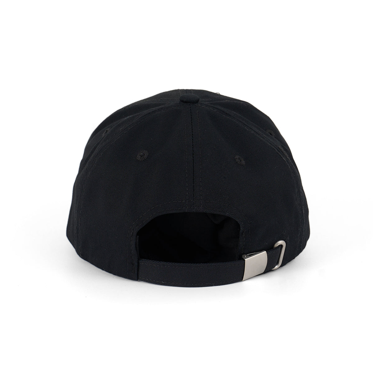 The Boeing Signature Logo Black Hat by BOEING is a black cotton twill baseball cap with an adjustable strap featuring a silver metal buckle and a curved opening above the strap, shown from the back.