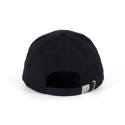 The Boeing Signature Logo Black Hat by BOEING is a black cotton twill baseball cap with an adjustable strap featuring a silver metal buckle and a curved opening above the strap, shown from the back.