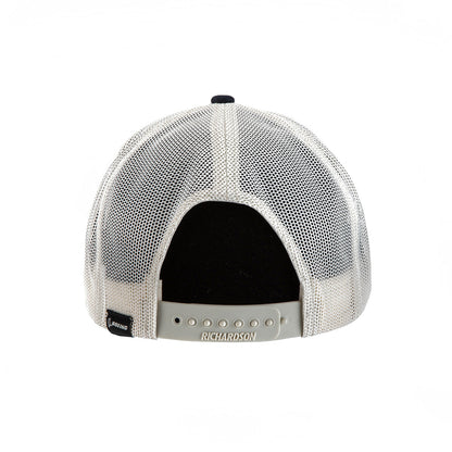 A back view of the light gray Richardson Boeing Script Logo Trucker Hat by BOEING, featuring mesh panels, an adjustable snapback closure, and “RICHARDSON” printed above the snaps.