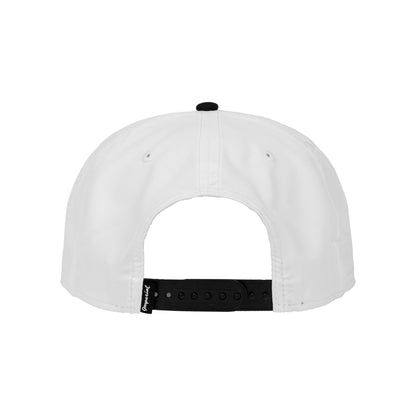 A white Boeing Signature Two Tone Performance Rope Hat by BOEING, shown from the back with a black adjustable snapback closure and a small black left-side tag. Made from recycled polyester with moisture-wicking. Plain white background.
