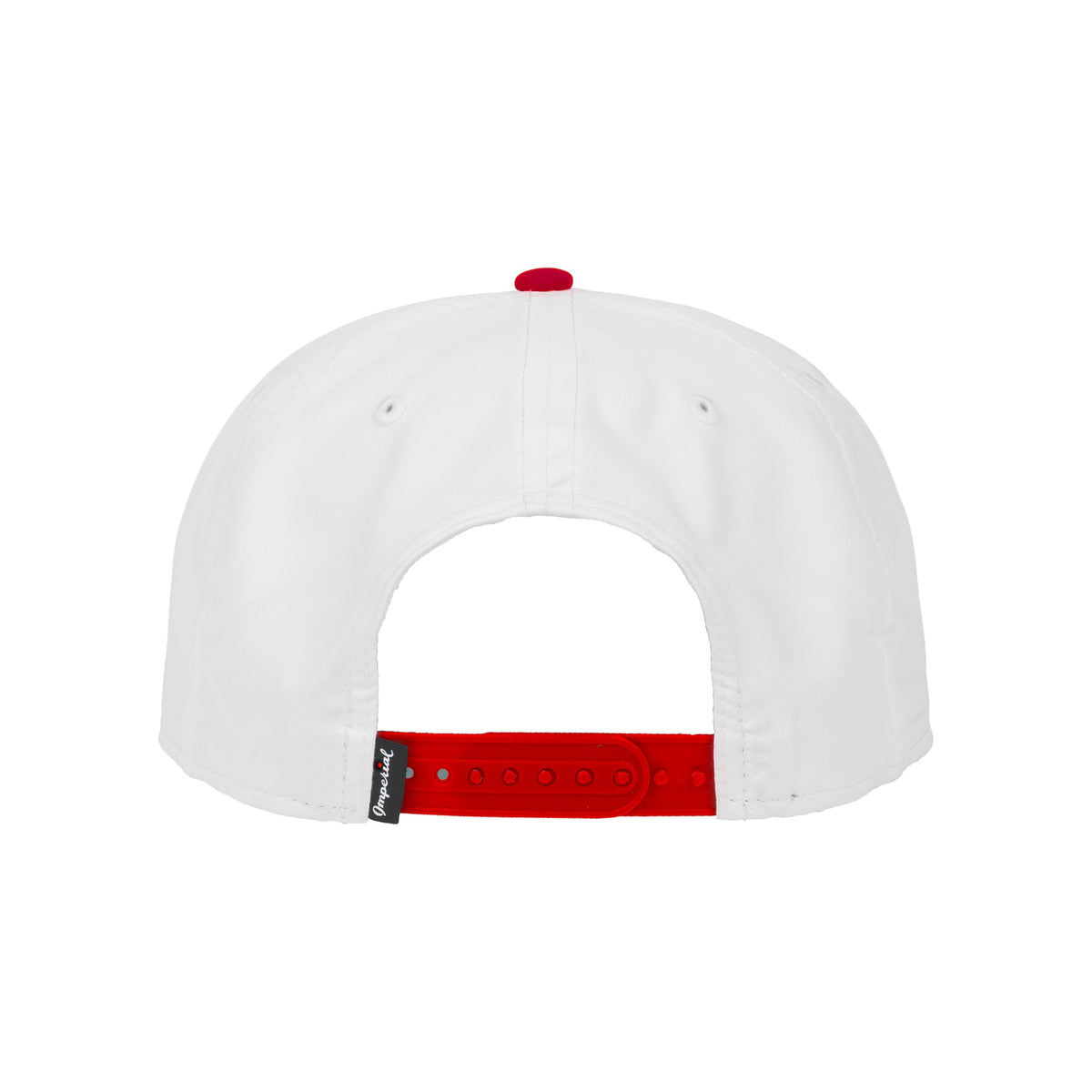 The BOEING Signature Two Tone Performance Rope Hat in white is shown from the back, featuring a red adjustable snapback strap, a small black tag on the left side, and moisture-wicking fabric for all-day comfort.