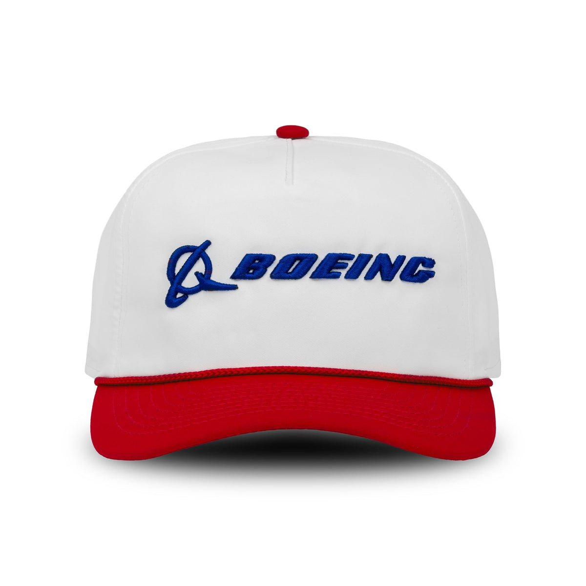 The Boeing Signature Two Tone Performance Rope Hat by BOEING features a white design with a red brim and button, blue embroidered BOEING logo on the front, and is made from moisture wicking recycled polyester for comfort and sustainability.