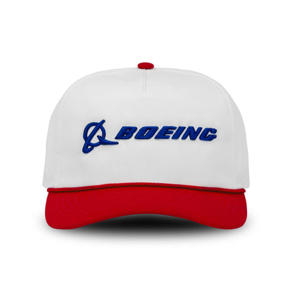The Boeing Signature Two Tone Performance Rope Hat by BOEING features a white design with a red brim and button, blue embroidered BOEING logo on the front, and is made from moisture wicking recycled polyester for comfort and sustainability.