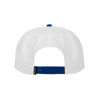 Back view of the Boeing Signature Two Tone Performance Rope Hat by BOEING, crafted from recycled polyester, with a blue adjustable snapback and a small black tag on the left side.