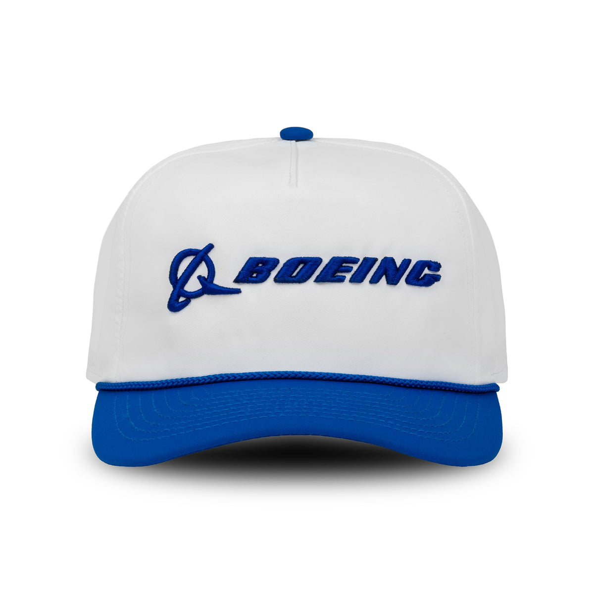 The Boeing Signature Two Tone Performance Rope Hat by BOEING is white with a blue brim and button, features the blue embroidered Boeing logo on front, and is made from recycled polyester for moisture-wicking comfort.