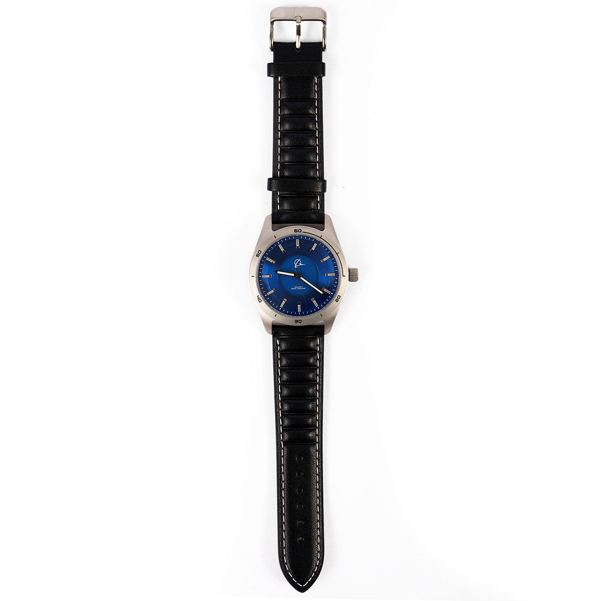 The Boeing Store’s Boeing Symbol Men's Solar Watch 42 mm features a round blue face, silver case, and black leather strap with white stitching. It uses Japanese solar movement and displays 8:19 on a white background.