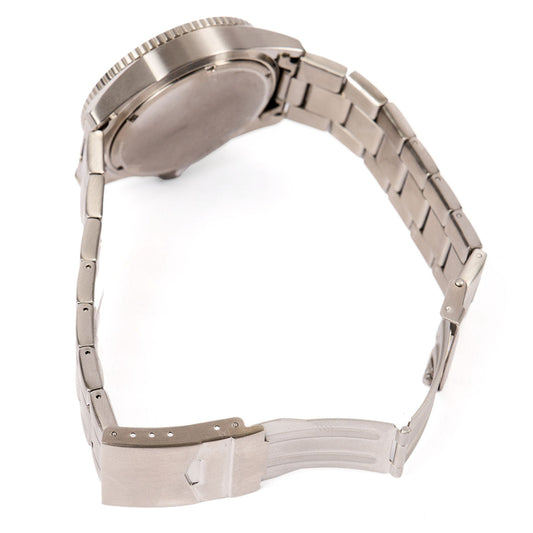 The Boeing Store's Boeing Symbol Men's Stainless Steel Solar Watch (42.5 mm) is shown from the back, featuring a metal link band with clasp, partially open and curved to highlight its style and solar-powered design.