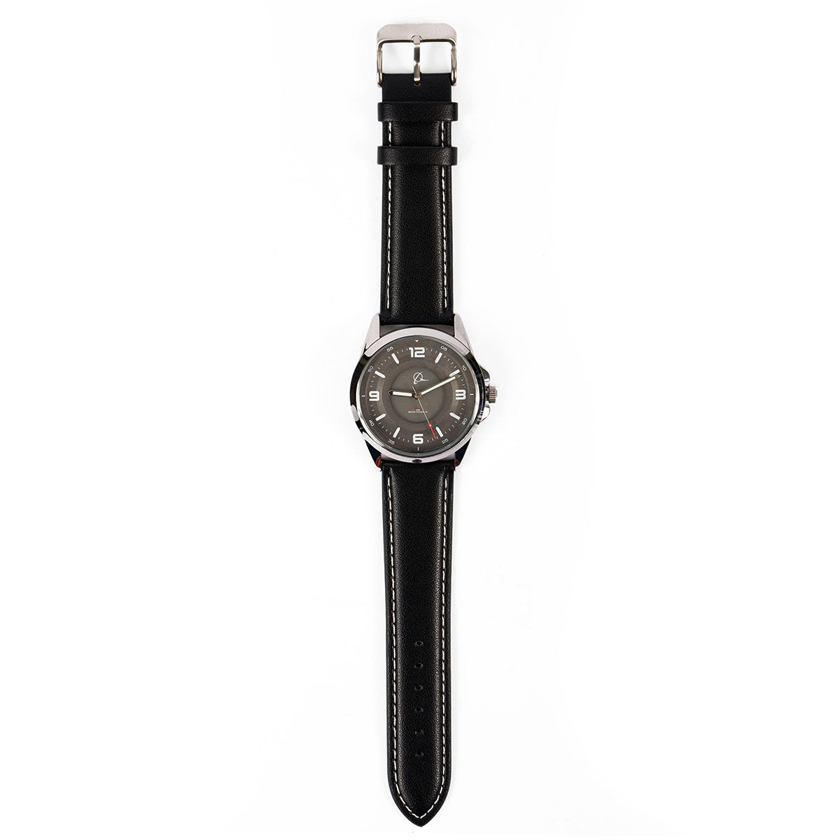 The Boeing Symbol Mens Solar Black Watch 42 mm by The Boeing Store features a silver case, black leather strap with white stitching, solar-powered Japanese movement, and round face with silver markers, displayed flat on a white background.