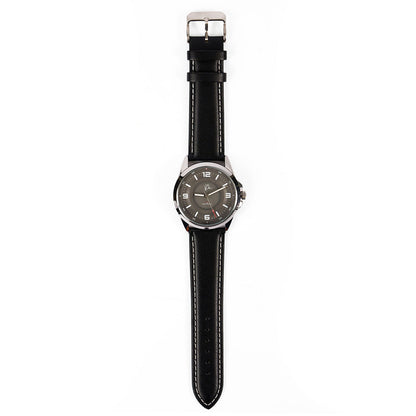 The Boeing Symbol Mens Solar Black Watch 42 mm by The Boeing Store features a silver case, black leather strap with white stitching, solar-powered Japanese movement, and round face with silver markers, displayed flat on a white background.