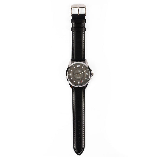 The Boeing Symbol Mens Solar Black Watch 42 mm by The Boeing Store features a silver case, black leather strap with white stitching, solar-powered Japanese movement, and round face with silver markers, displayed flat on a white background.