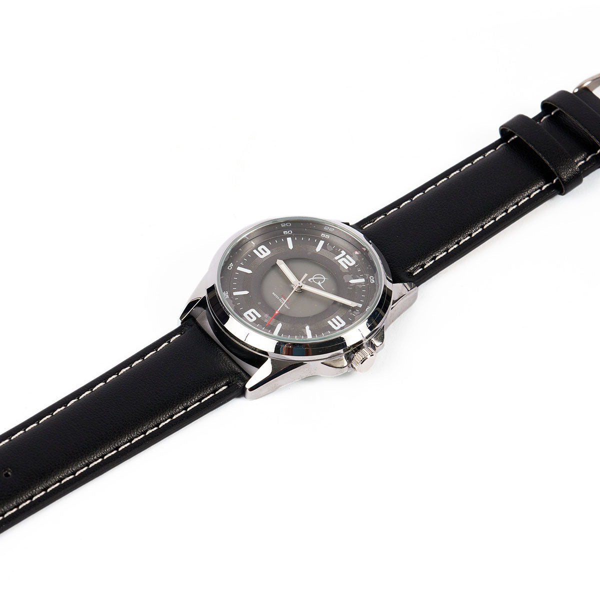 The Boeing Symbol Mens Solar Black Watch 42 mm by The Boeing Store features a black leather strap with white stitching, a round silver case, black dial with white numerals, and Japanese solar movement, displayed on a white background.