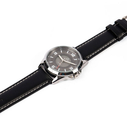 The Boeing Symbol Mens Solar Black Watch 42 mm by The Boeing Store features a black leather strap with white stitching, a round silver case, black dial with white numerals, and Japanese solar movement, displayed on a white background.