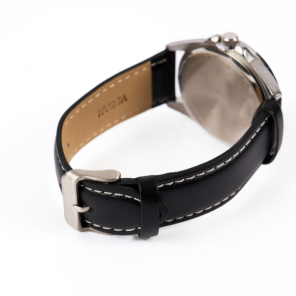A close-up of The Boeing Stores Boeing Symbol Mens Solar Black Watch 42 mm, showcasing its black leather strap with white stitching, silver buckle, and metal back. Powered by a Japanese solar movement.