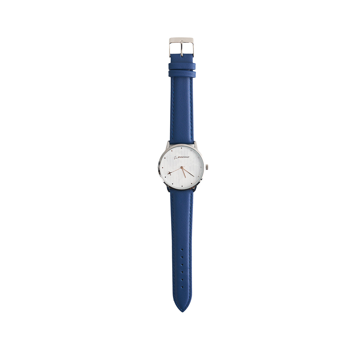 The Boeing Men's Rotating Watch by BOEING features a white round dial, silver bezel, minimalistic design, blue leather strap, Japan quartz movement, and silver hands that contrast with the plain white face.