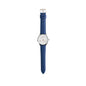 The Boeing Men's Rotating Watch by BOEING features a white round dial, silver bezel, minimalistic design, blue leather strap, Japan quartz movement, and silver hands that contrast with the plain white face.