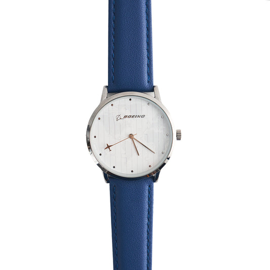 The Boeing Men's Rotating Watch White Dial by BOEING features a white face, silver casing, blue leather strap, minimalist dial with the Boeing logo, silver and brown hands, and reliable Japan quartz movement.