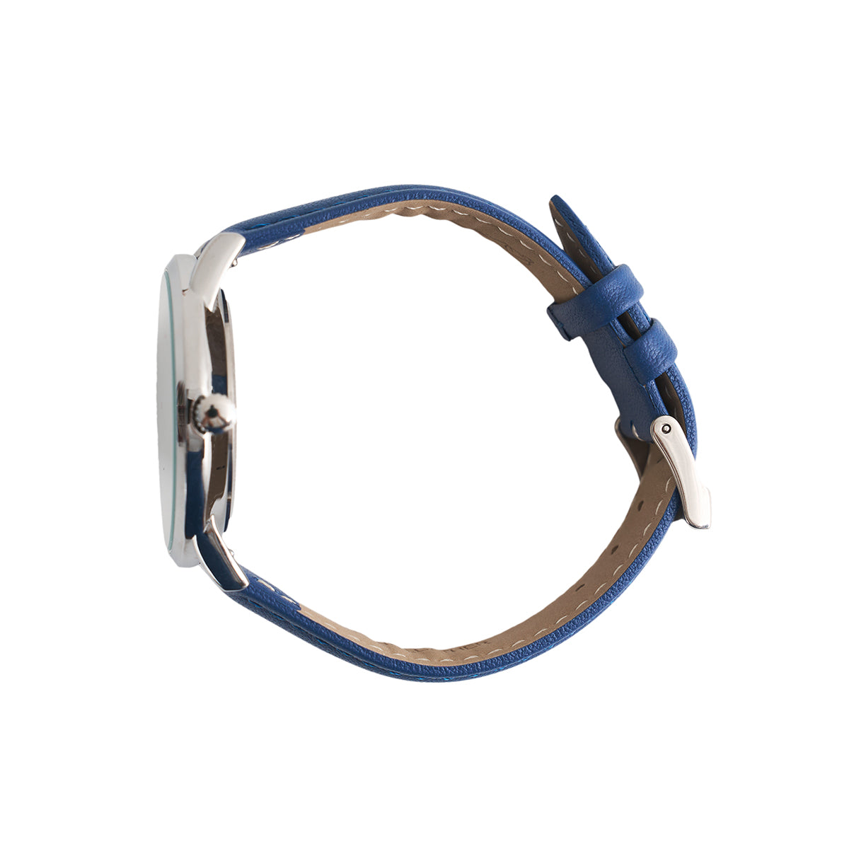 The BOEING Men's Rotating Watch Black Dial features a blue leather strap and a silver round case, shown from the side against a white background with visible buckle and strap holes.