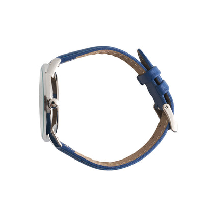 The BOEING Men's Rotating Watch Black Dial features a blue leather strap and a silver round case, shown from the side against a white background with visible buckle and strap holes.