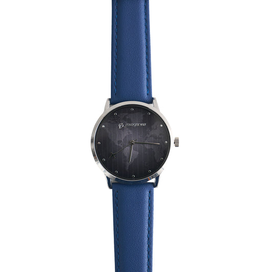 The BOEING Men's Rotating Watch features a round black dial with minimalist markings, a silver casing, and a blue leather strap. Shown on a white background, the BOEING brand name is visible on the dial.