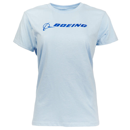 The Boeing Store presents the Boeing Signature Logo Womens T-Shirt in light blue. This classic fit tee features a dark blue Boeing logo and stylized graphic on the chest, made from 100% cotton, displayed against a white background.