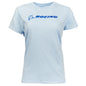 The Boeing Store presents the Boeing Signature Logo Womens T-Shirt in light blue. This classic fit tee features a dark blue Boeing logo and stylized graphic on the chest, made from 100% cotton, displayed against a white background.