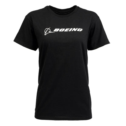 The Boeing Stores black Classic fit Womens T-Shirt, featuring the iconic Boeing logo in white on the chest.