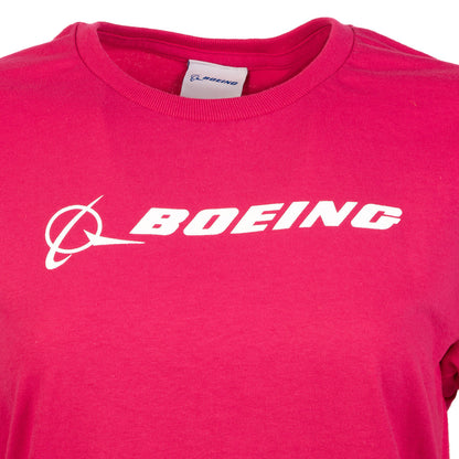 This classic fit red womens T-shirt from The Boeing Store features the iconic Boeing logo and brand name prominently in white on the front.