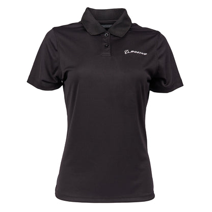 The Boeing Stores Boeing Signature Logo Womens Mesh Tech Polo features a moisture-wicking, UV-protection design with a rib-knit collar, three buttons, and a white Boeing logo on the left chest, combining style and functionality.