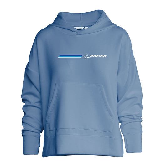 The Boeing Women's Signature Logo Stripe Hoodie by BOEING features a light blue color, front pocket, thumb holes, and a blue striped design on the chest for a casual look.